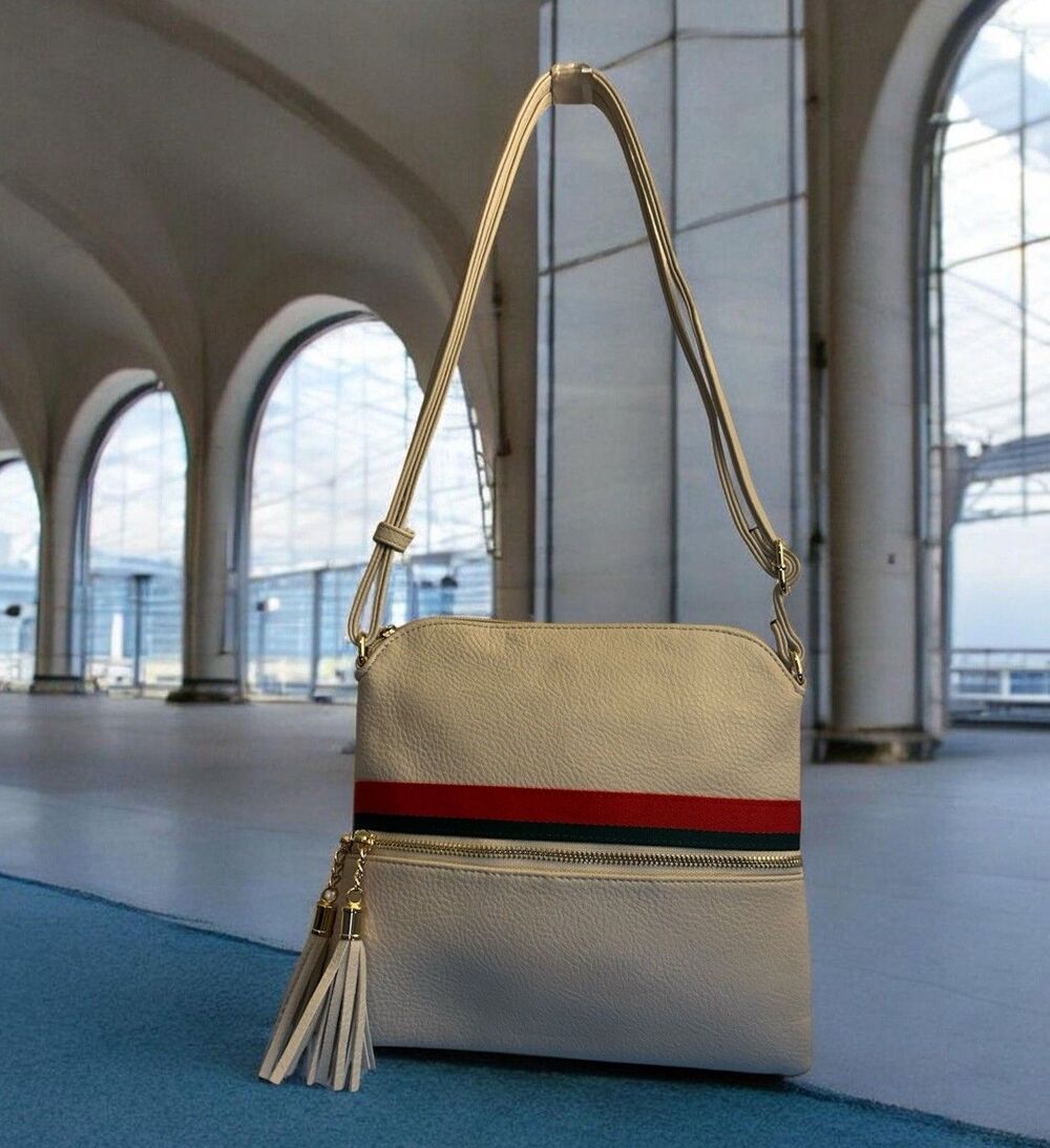 Cream Crossbody Purse Red Green Stripe Tassel Leopard Lining Retro Chic